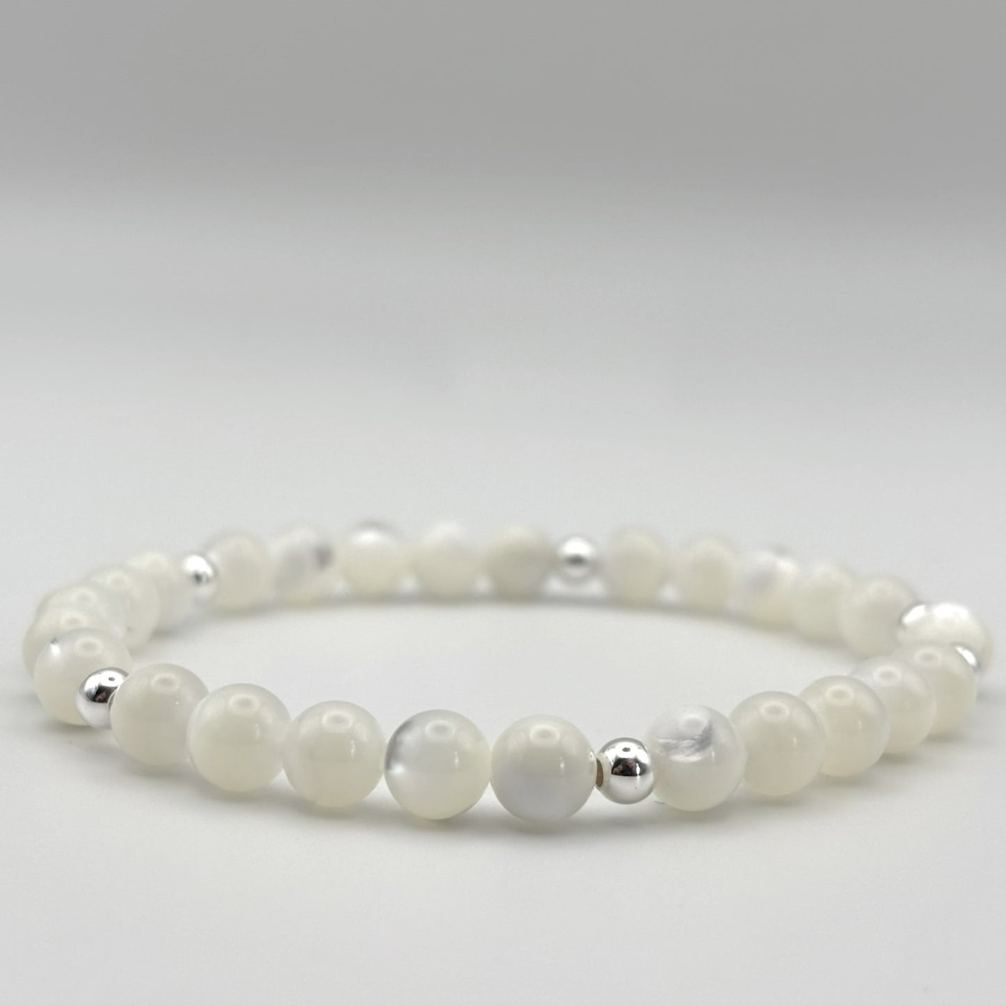 Mother of Pearl and Sterling Silver Bead Stretch Bracelet