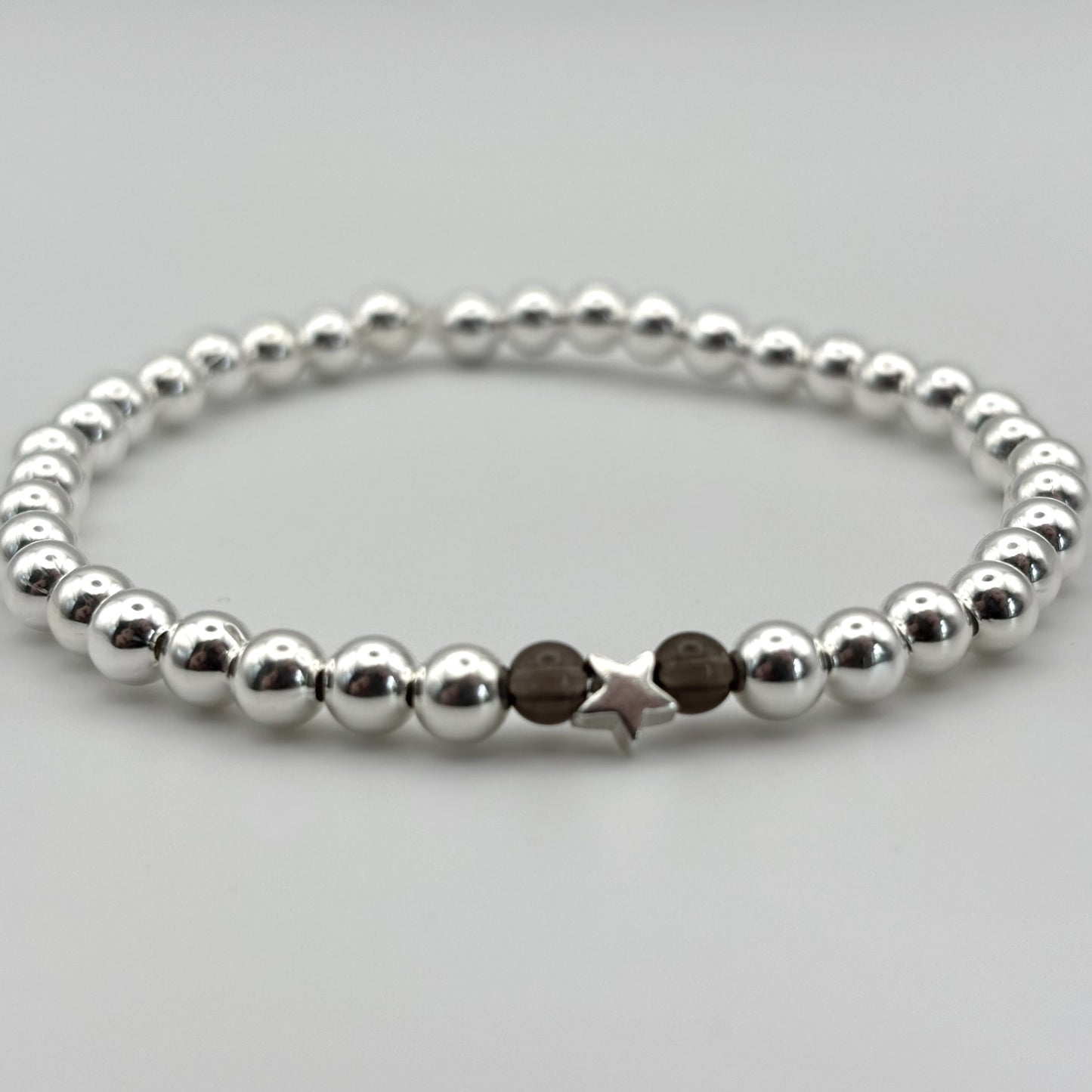 Smokey Quartz and Star Sterling Silver Bead Stacking Bracelet
