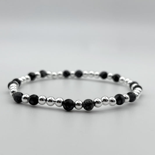 Black Agate and Sterling Silver Stretch Bead Stacking Bracelet