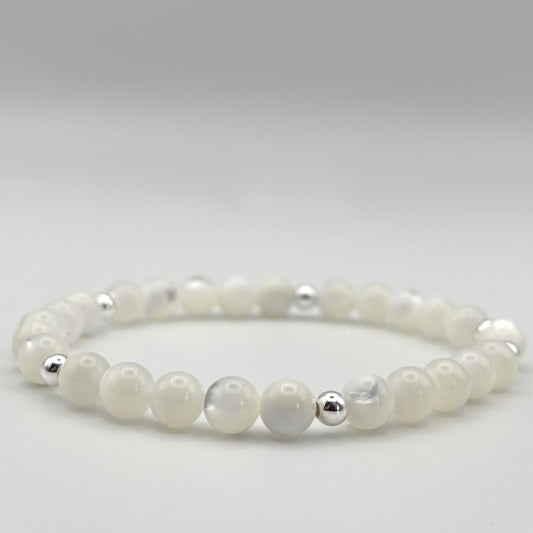 Mother of Pearl and Sterling Silver Bead Stretch Bracelet