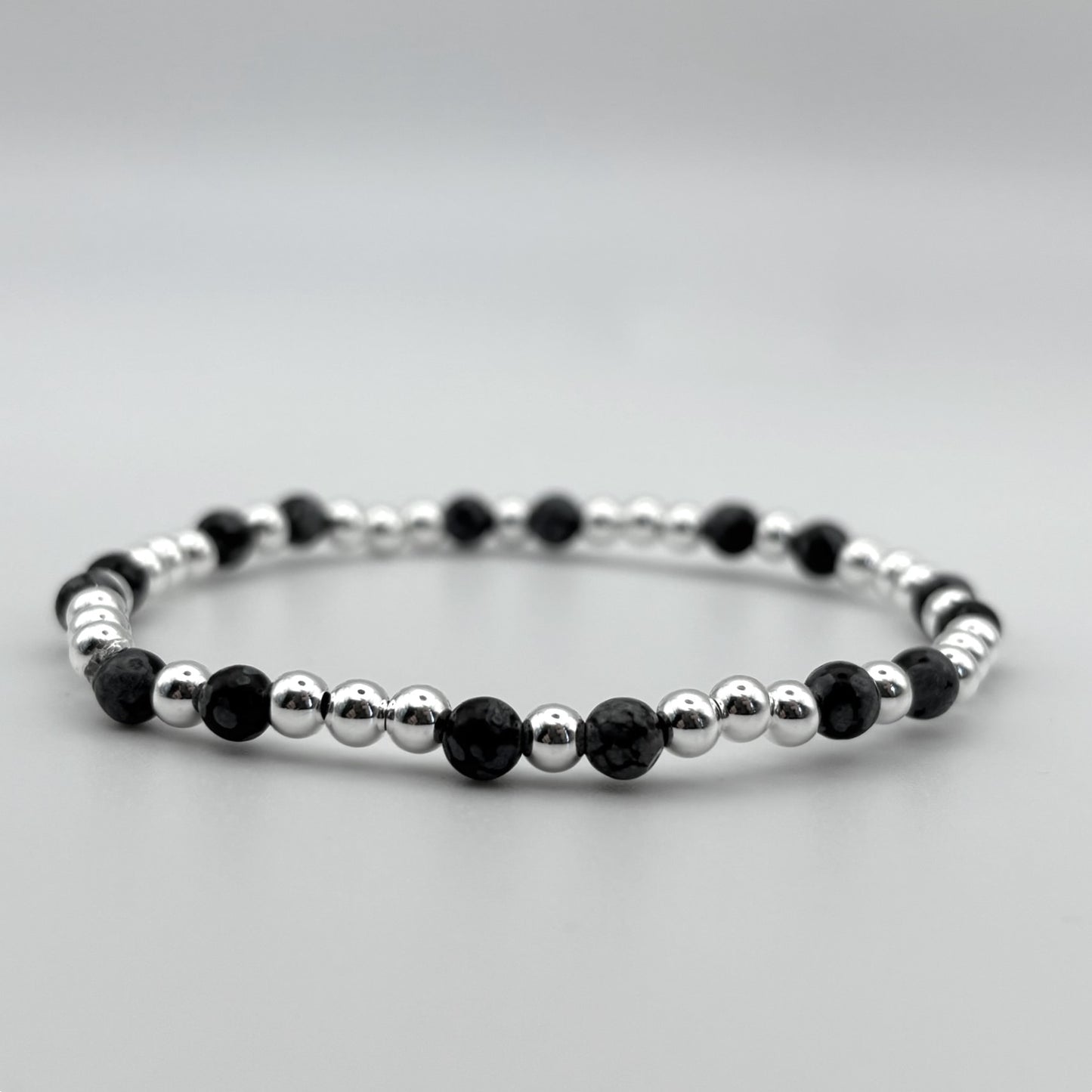 Black Agate and Sterling Silver Stretch Bead Stacker Bracelet