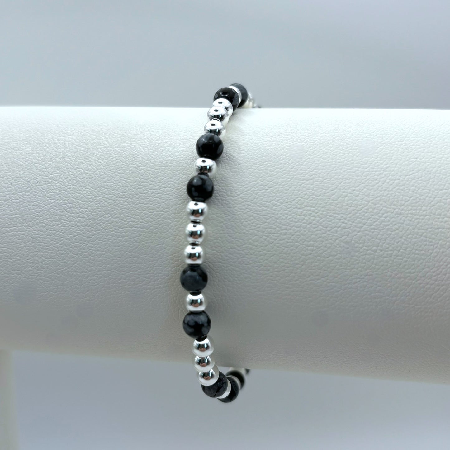 Black Agate and Sterling Silver Stretch Bead Stacker Bracelet